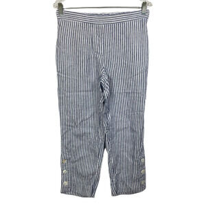 Chicos Pants Women Sz 00 US 2 White Blue Stripe Linen Elastic Waist Pull On Crop